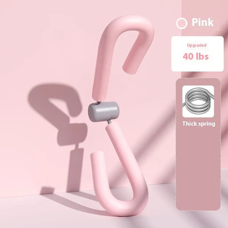 Yoga four piece set showing leg beauty device, yoga ring, pedal puller, and figure eight tension rope for home workouts.