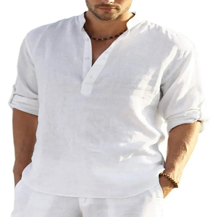 Men's casual long sleeve shirt in a cotton linen blend with a stand collar, shown in a solid colour.
