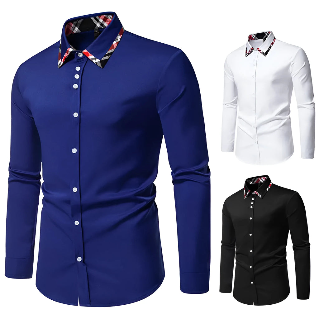 Men's blue plaid long sleeve shirt with a white triangle contrast collar laid flat.