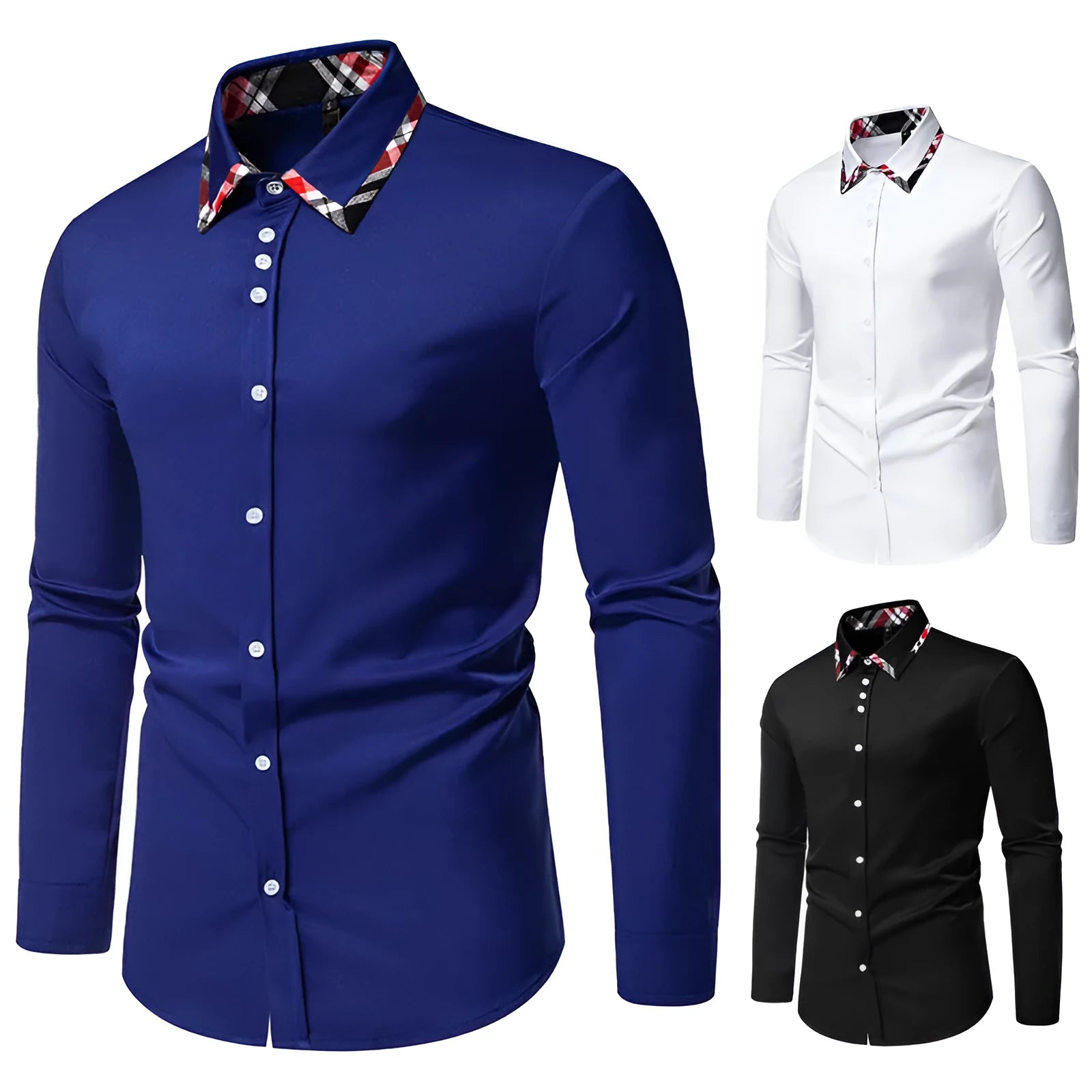 Men's blue plaid long sleeve shirt with a white triangle contrast collar laid flat.