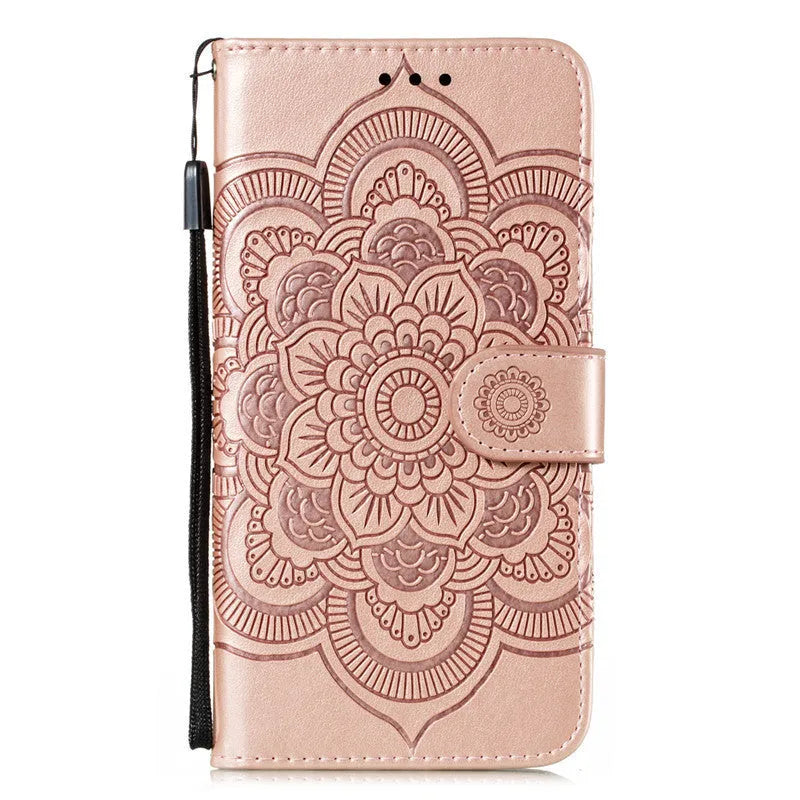 Mandala iPhone leather case with card slot, lanyard, bracket and magnetic suction in TPU PU, available in eight colours.