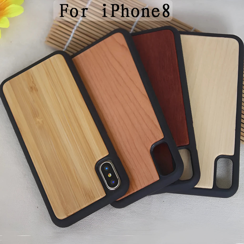 Wooden iPhone case with carbonised bamboo back and black TPU bumper on an iPhone.