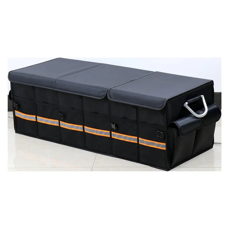 Black collapsible heavy-duty car trunk organizer with lid, dividers, and metal handles in SUV boot