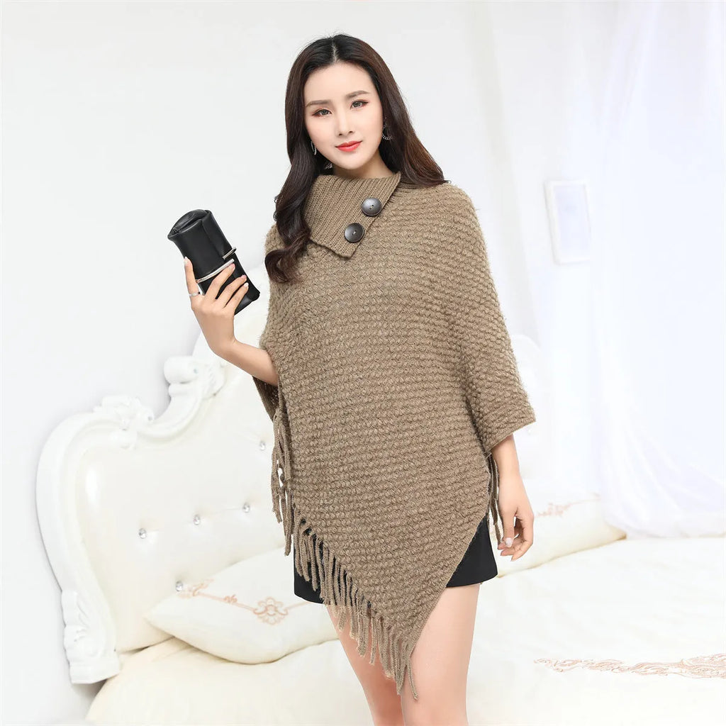 Sleeveless acrylic fibre cloak shawl in free size with dot pattern, shown in one of eight colour options