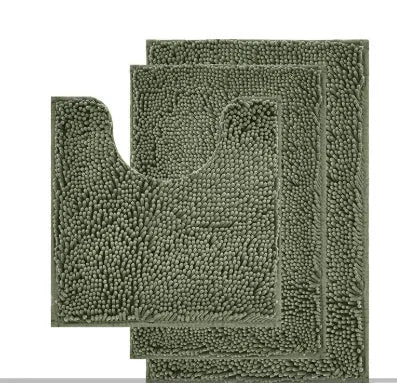Chenille long hair three-piece bathroom carpet set with U-shaped mat in sage green.