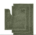 Chenille long hair three-piece bathroom carpet set with U-shaped mat in sage green.