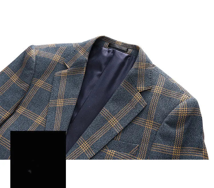 Men's yellow check three-piece business wedding suit set with vest, trousers, and coat
