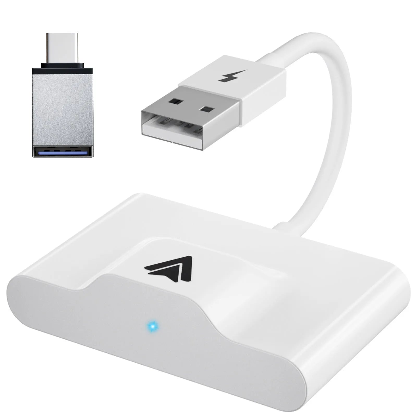 Car wired to wireless Android adapter in black and white colour variants for connecting phones to factory CARPLAY systems.