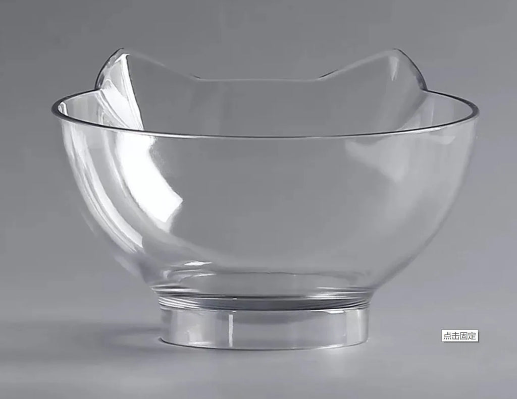 Inclined transparent single cat bowl with 13cm diameter PC plastic mouth and beige ABS plastic base