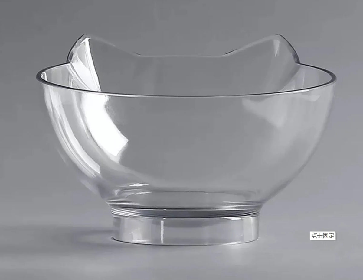 Inclined transparent single cat bowl with 13cm diameter PC plastic mouth and beige ABS plastic base