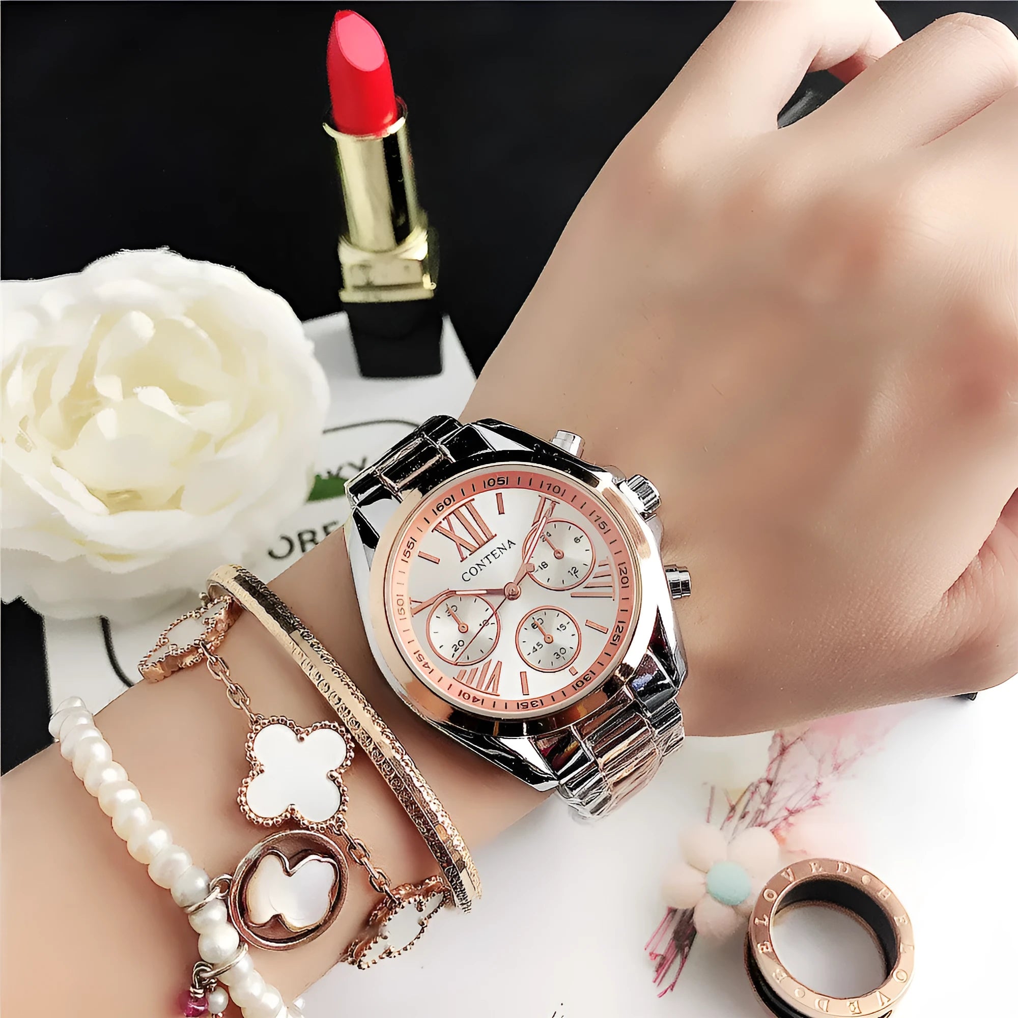 Women's silver rose gold mesh strap watch with diamond quartz movement and 15mm case thickness