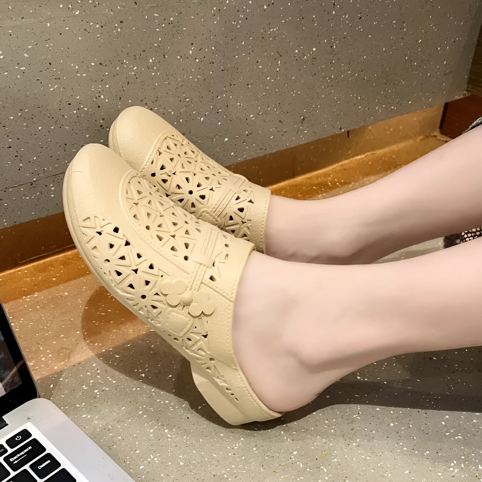 PVC flat toe box slippers with hollow-out pattern in apricot colour