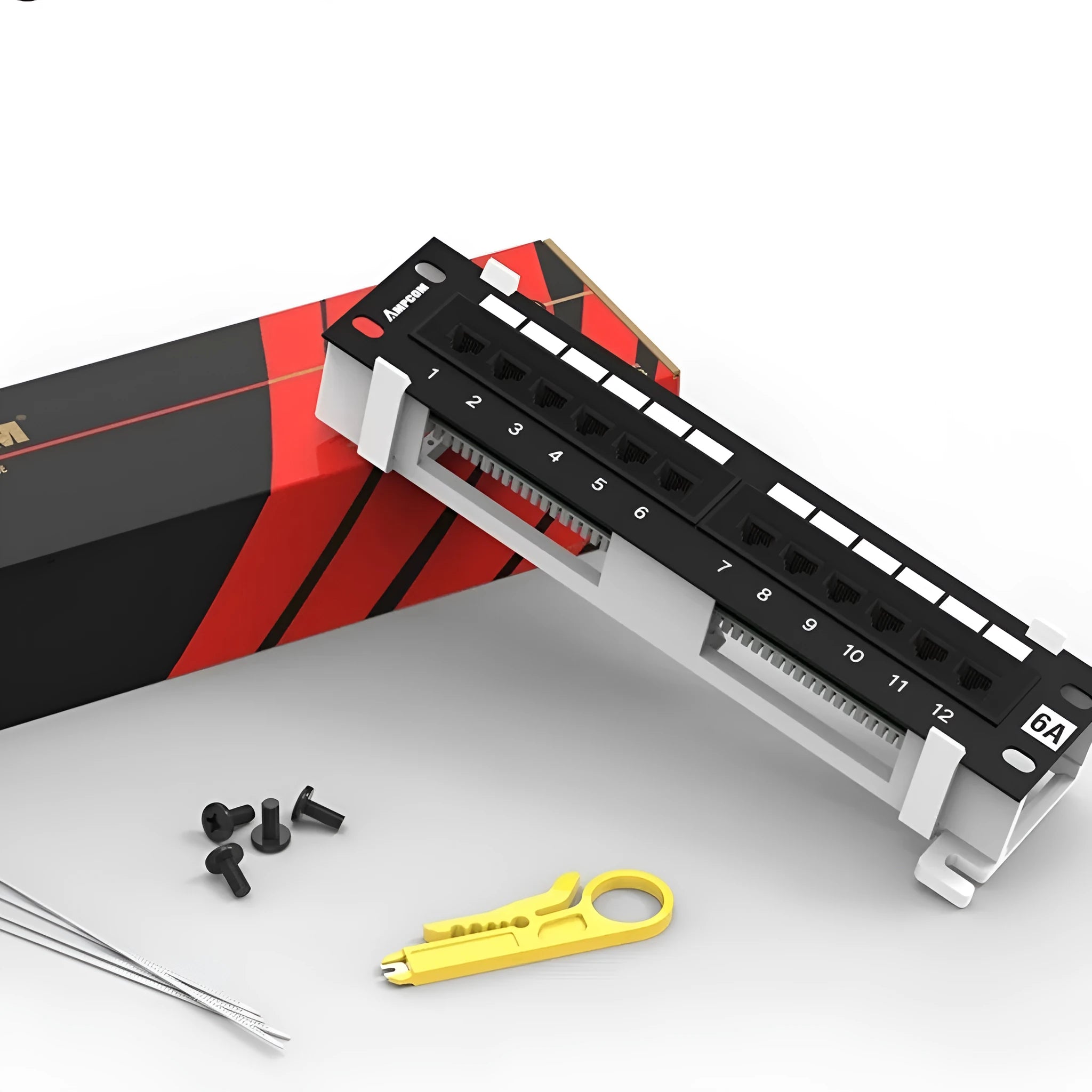 Black 12-port network distribution frame with cold rolled steel construction and hook bracket