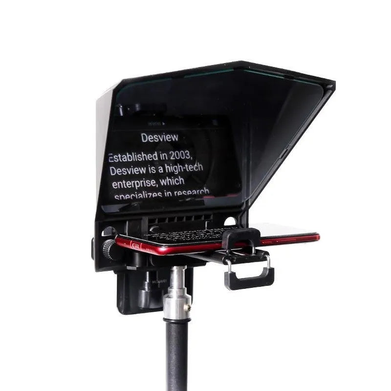 Black portable teleprompter with 115x110mm glass mirror, 200g body, and 49-77mm adapter rings for phone and tablet recording.