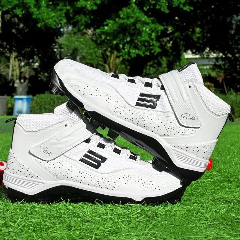 Adult black and white training sneakers with Velcro strap and wear-resistant rubber sole for softball.