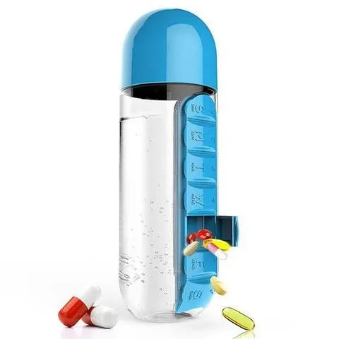 Creative wrist capsule water cup with medicine box 600ml in black, showing lid with integrated pill compartment
