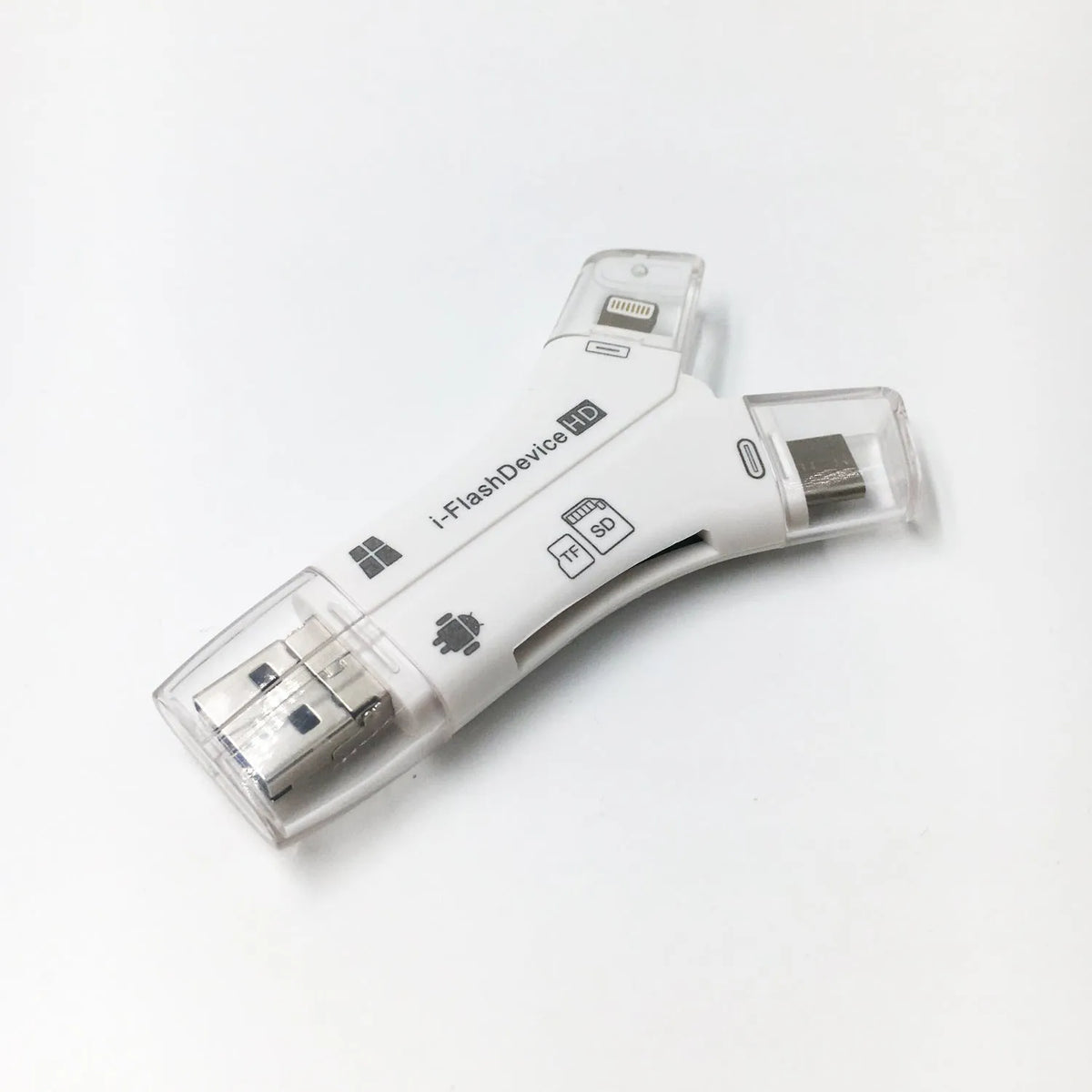 Multi-function card reader in white, gold, and black colours, supporting MicroSD SD TF cards, 81x51x11mm size