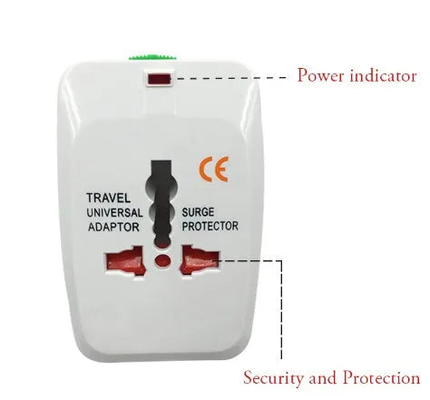 Universal travel adapter and power converter plug for mobile phones, dimensions 73mm by 50mm by 39mm.