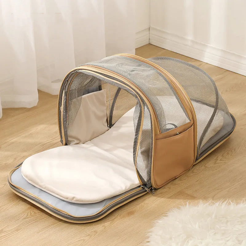 Grey nylon foldable pet travel backpack with pull-rod and 50-60 litre capacity