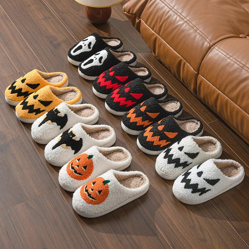 Halloween couple slippers with embroidered ghost face design in suede upper and PVC sole