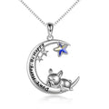 Sterling silver French Bulldog moon pendant necklace with crystal accent on 18-inch box chain