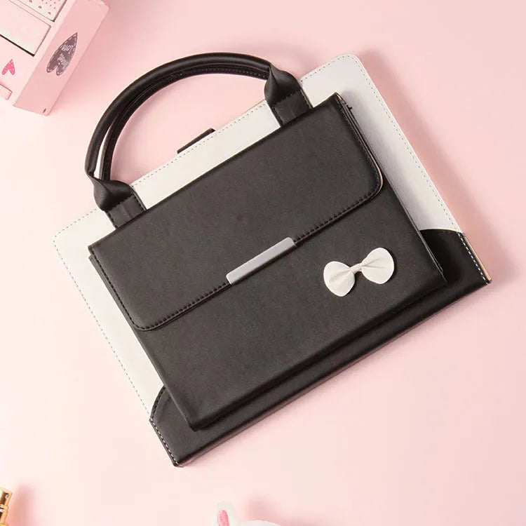 Imitation leather iPad case with bow handbag design, wallet style, sleep function, compatible with iPad mini, Air, Pro.
