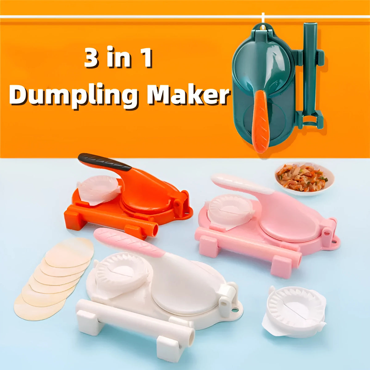 Plastic 3 in 1 dumpling maker with rolling pin and two props in white and green on a table