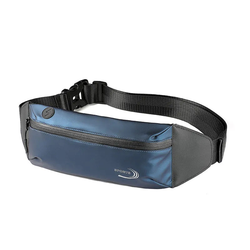 Men's black waterproof waist bag with adjustable strap for sports.