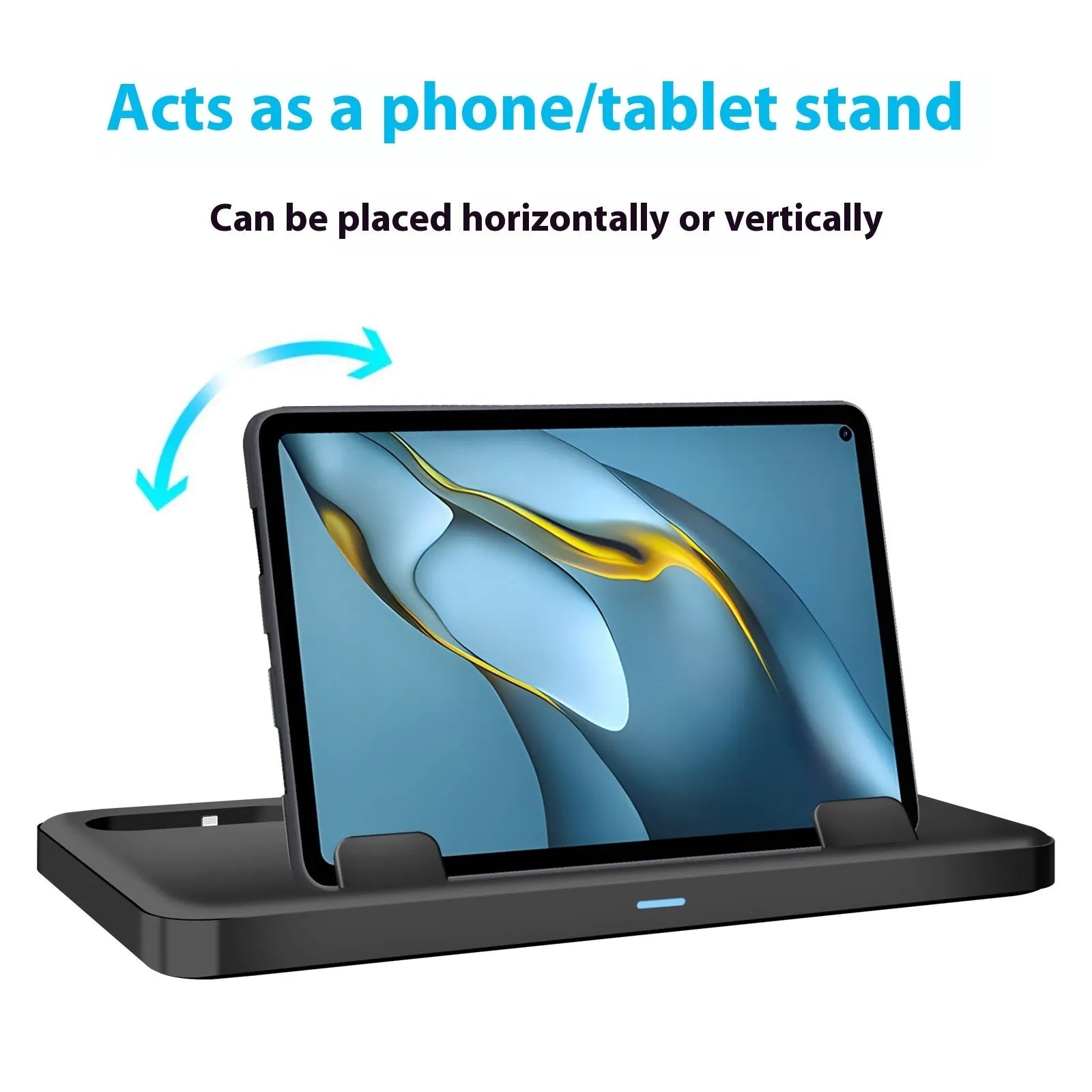 Black ABS three-in-one charging base with phone in upright bracket and tablet on pad