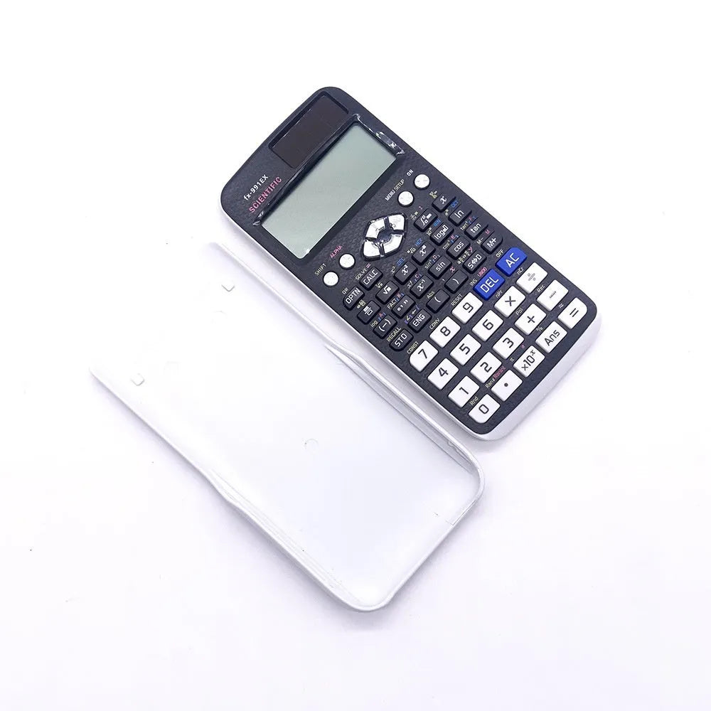 991EX scientific calculator in black, blue, and pink colours showing solar panel and keypad.