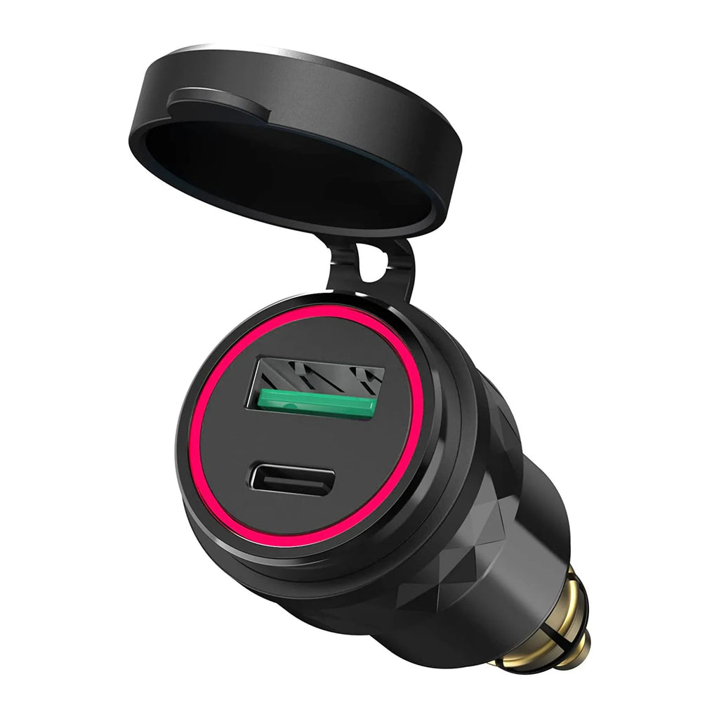 Black European DIN USB car charger with dual ports, blue light, 54W output, for 12-24V vehicles