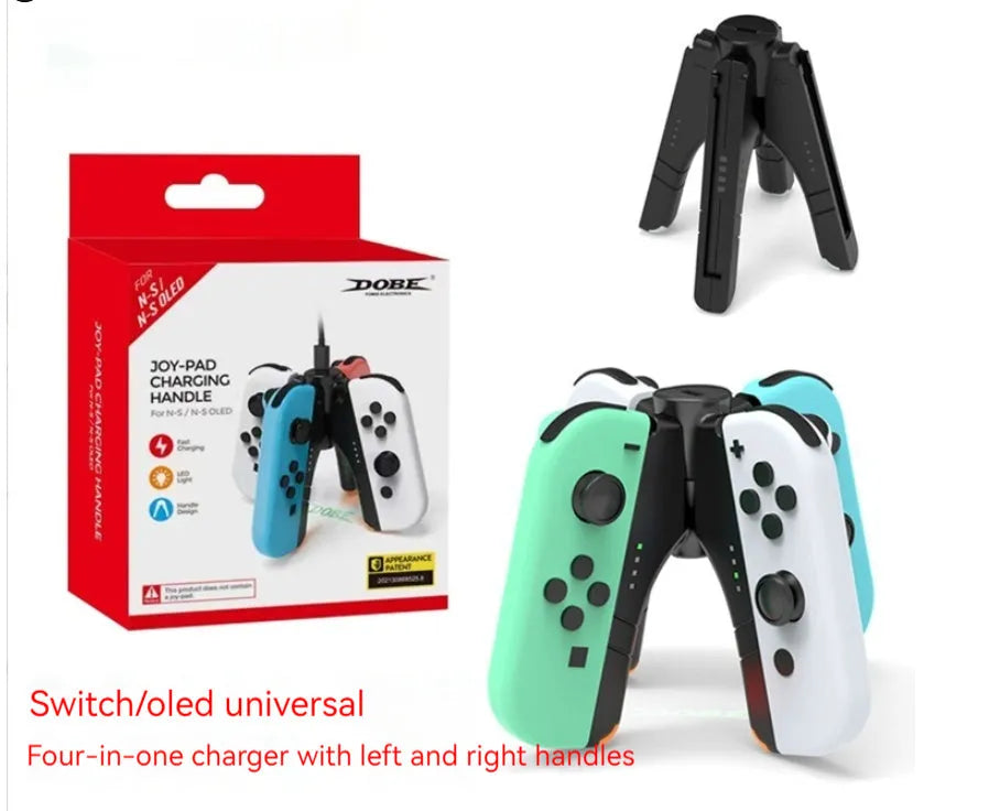 Black ABS four-in-one Joy-Con charger holder with Type-C interface for Switch OLED and Switch rod end.