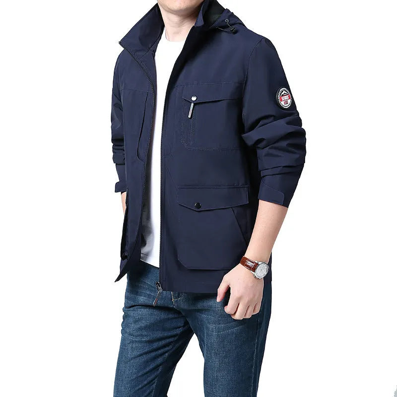 Men's outdoor plus size jacket in chemical fibre blend with pleated patch pockets in gray colour