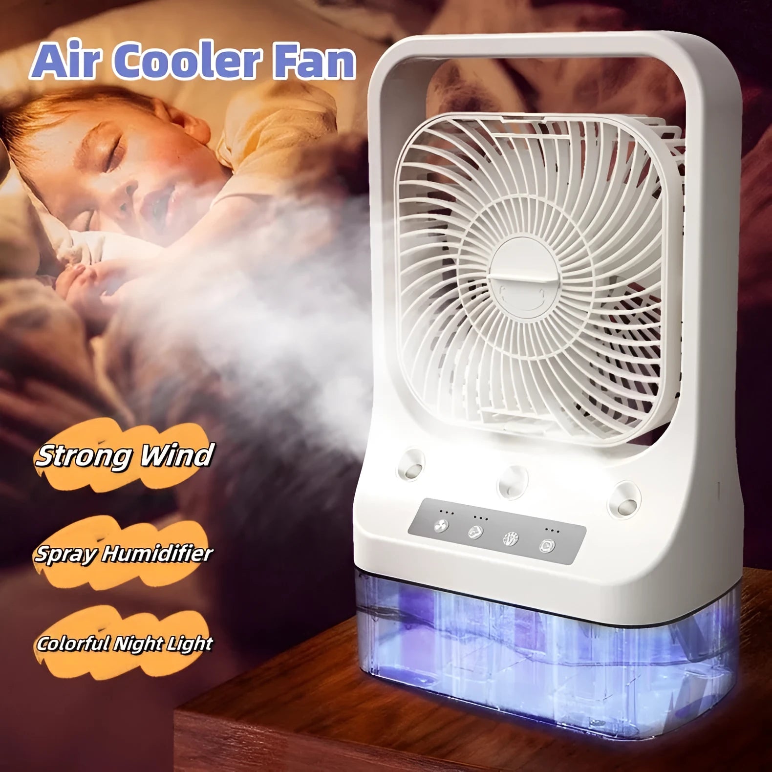 White USB rechargeable water-cooled air cooler fan with adjustable head and colour-changing lights