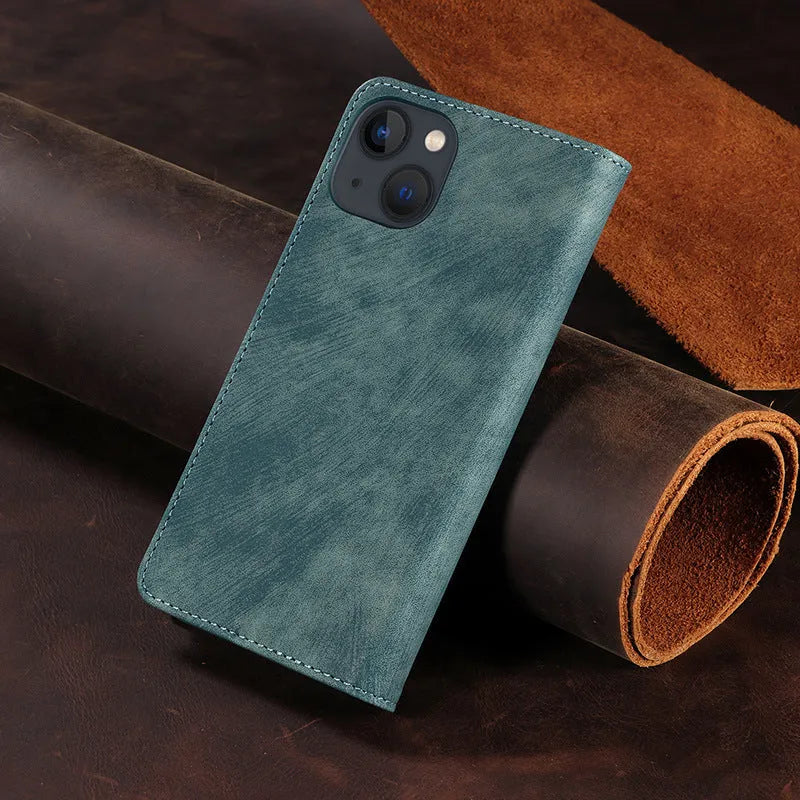 Magnetic flip leather phone case for iPhone shown closed and open, revealing card slots and phone.