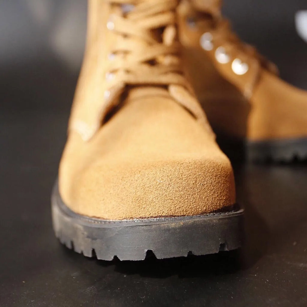 Brown film-coated leather safety boots with leather splicing, steel toe, high shaft, and rubber sole