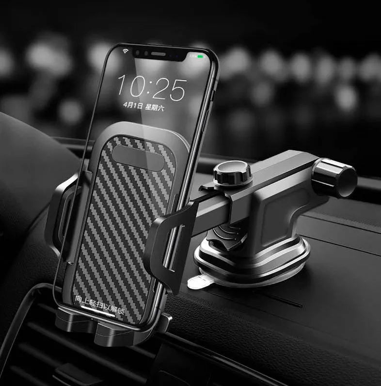 Black universal car phone holder for mobile devices between 4 and 7 inches.