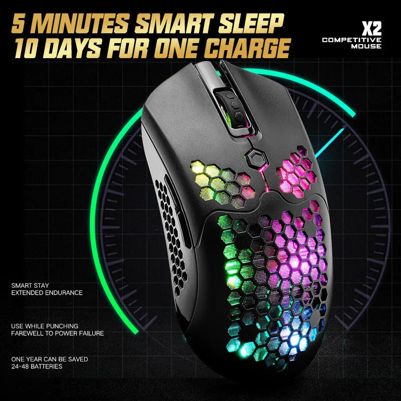 Free Wolf X2 wireless gaming mouse in black on a mouse mat, showing right-handed contour and RGB lighting.