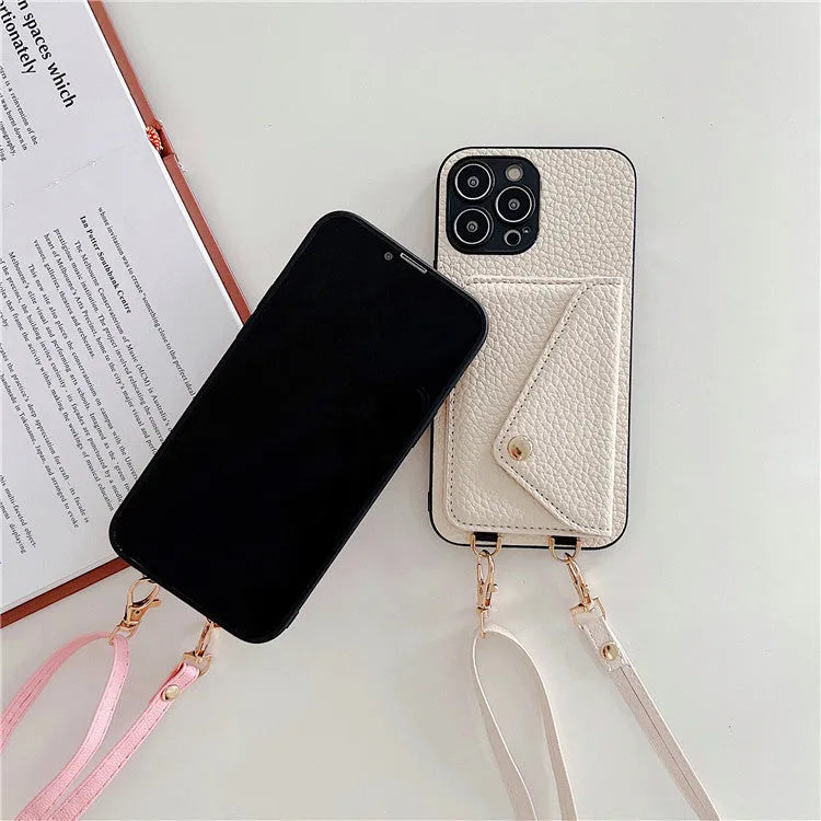 Lychee pattern card holder phone case with envelope diagonal card slot for iPhone, detachable rope