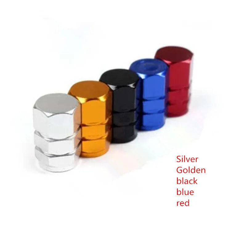 Set of five aluminium alloy car valve caps in black, blue, gold, red, and silver, designed for tyre valve stems with screw-on threading.