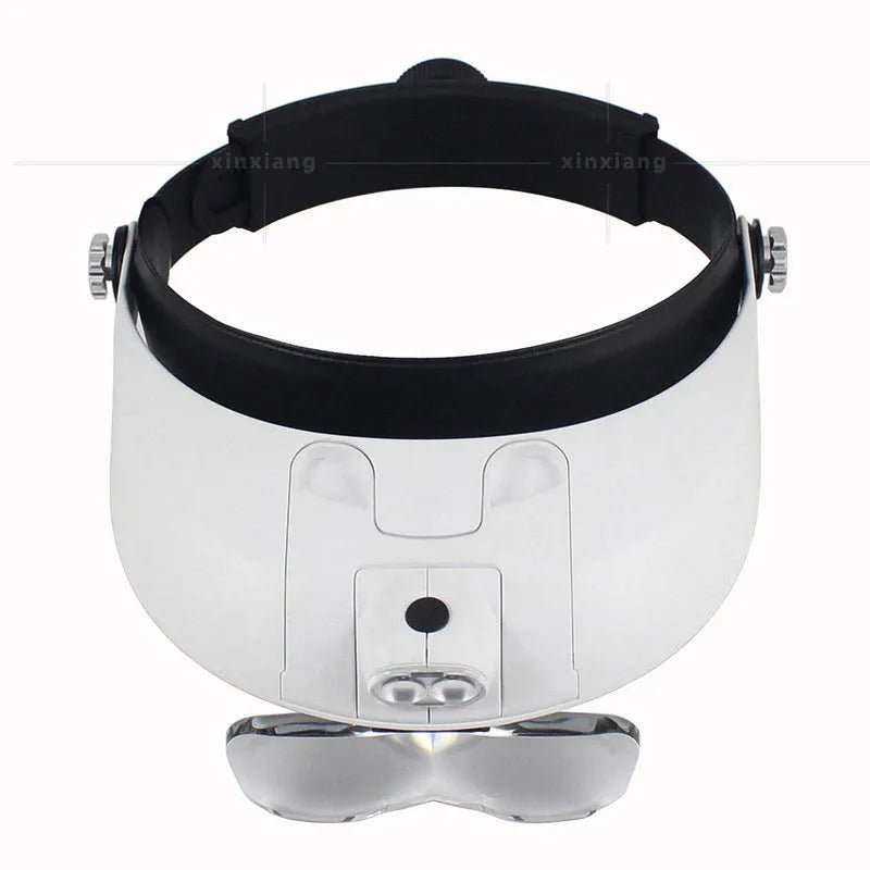 Headband magnifier with adjustable head strap, two LED lights, and five interchangeable lenses