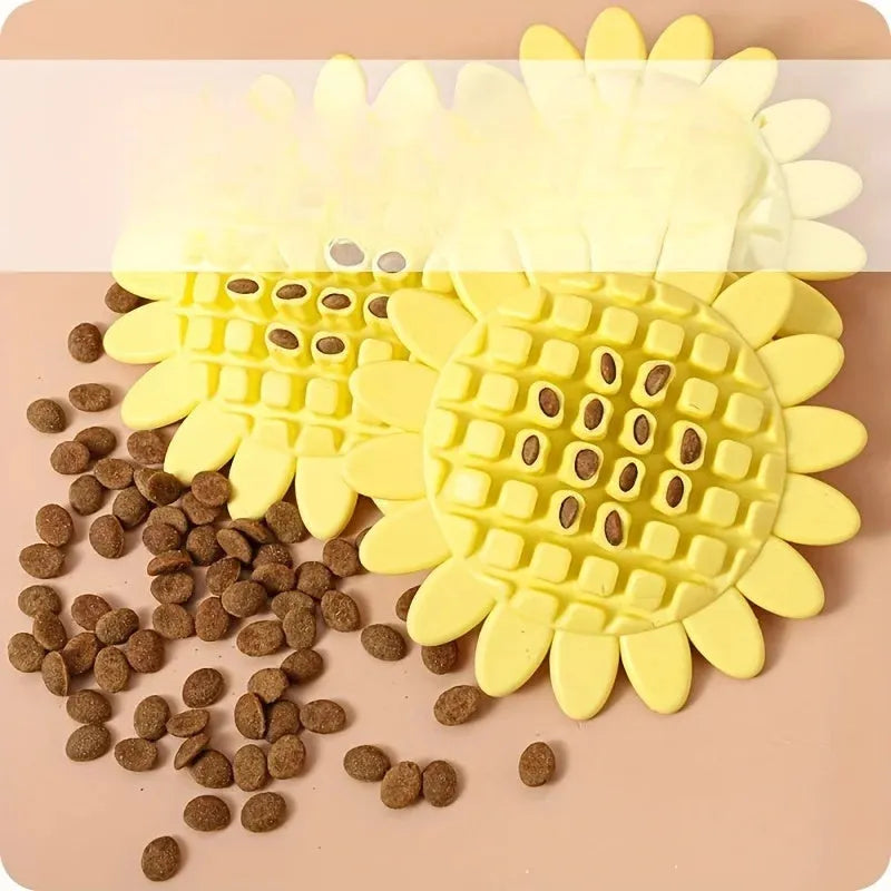 Yellow rubber sunflower-shaped dog chew toy for puppies with textured petals