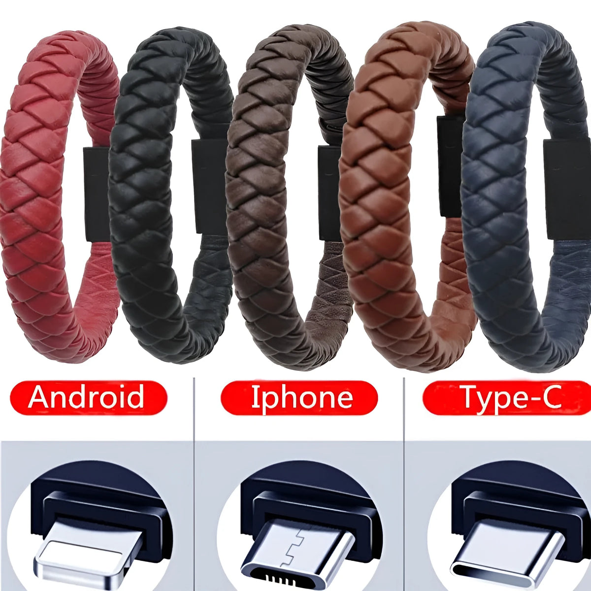 Leather woven data cable bracelet with USB Micro USB 8PIN, 22cm 24cm, black dark blue coffee gold red white