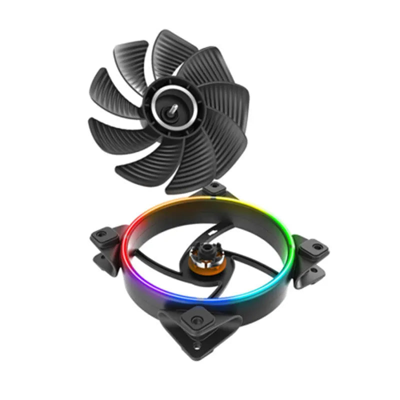 Three black 12cm RGB PC cooling fans with illuminated blades on a dark background.