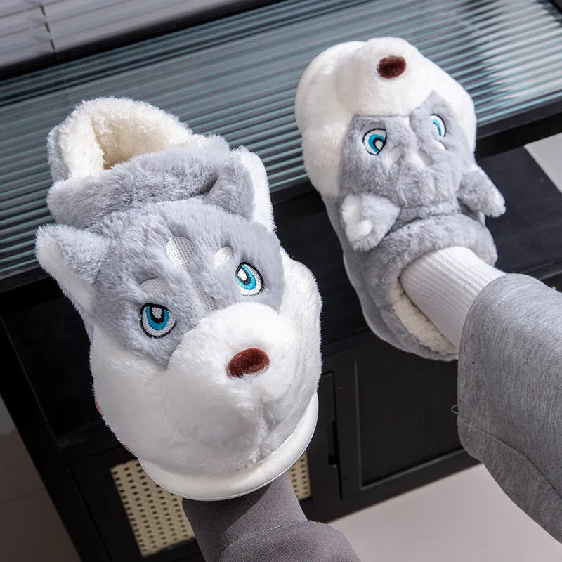 Cute Husky cartoon pure cotton slippers for men and women, warm indoor winter footwear in dark gray