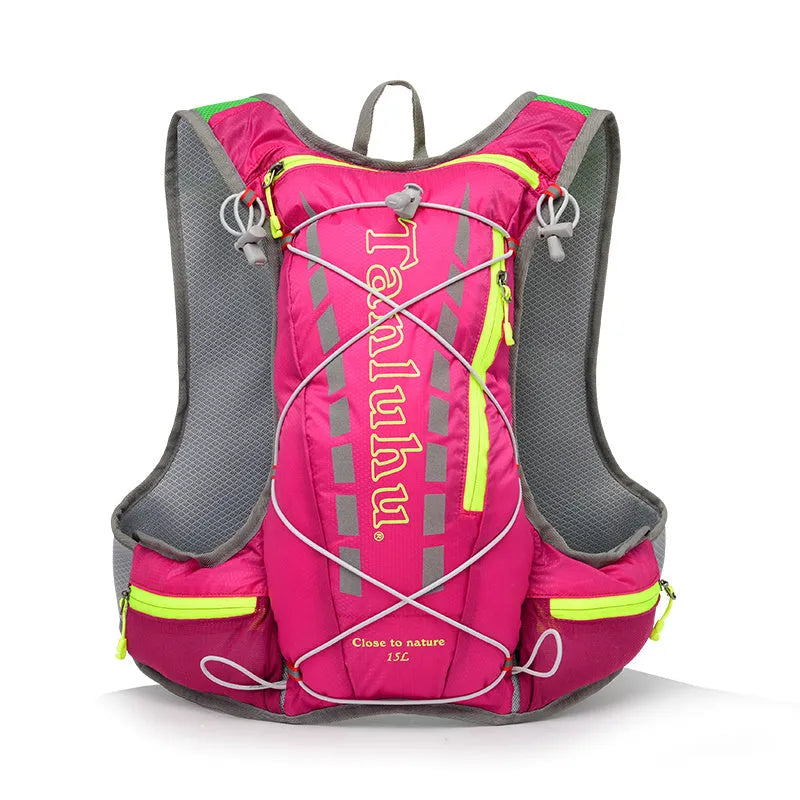 Lightweight 15L hydration vest backpack in black with reflective strips and adjustable straps for trail running