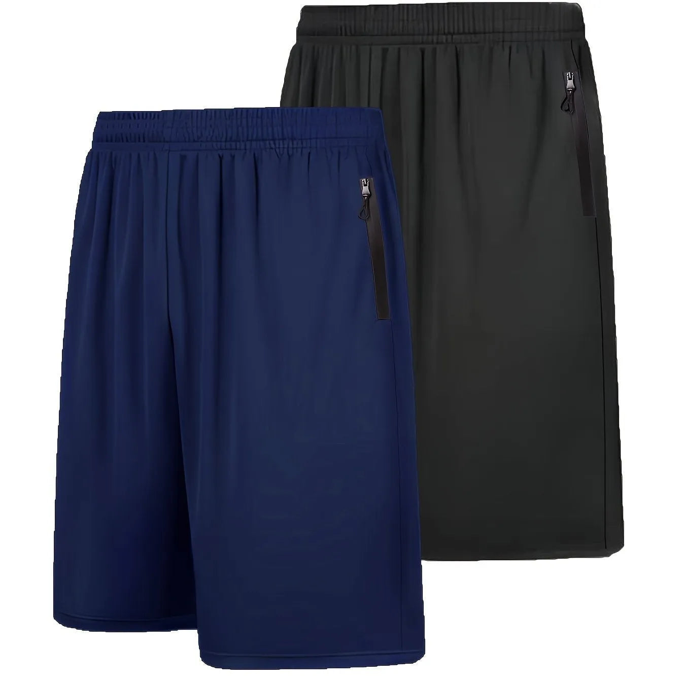 Two quick-drying men's sports shorts with elastic waist belt in dark gray and light gray, polyester fabric