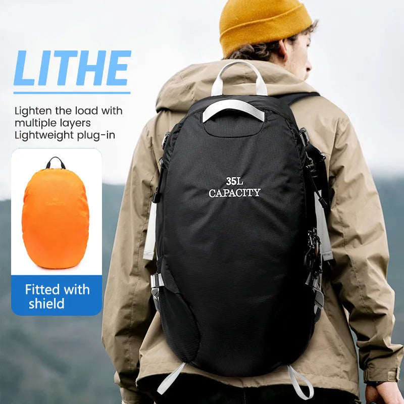Black waterproof Oxford cloth hiking backpack with under 20 litre capacity, shown folded.