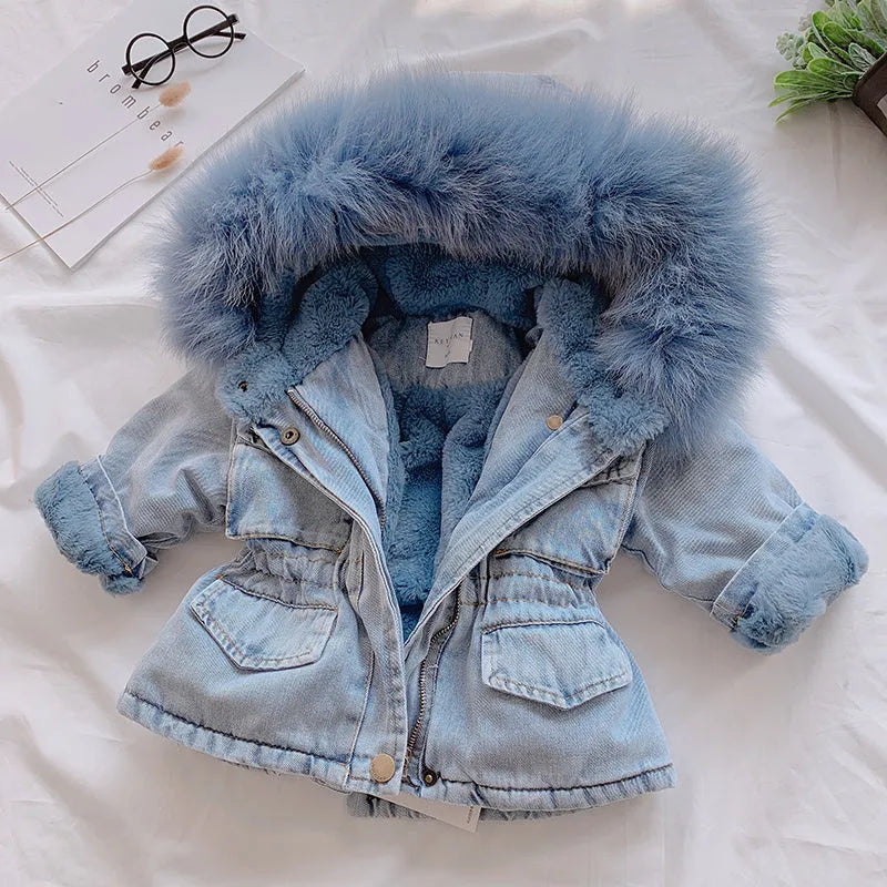 Blue denim jacket for girls with a fleece lining and attached hood.