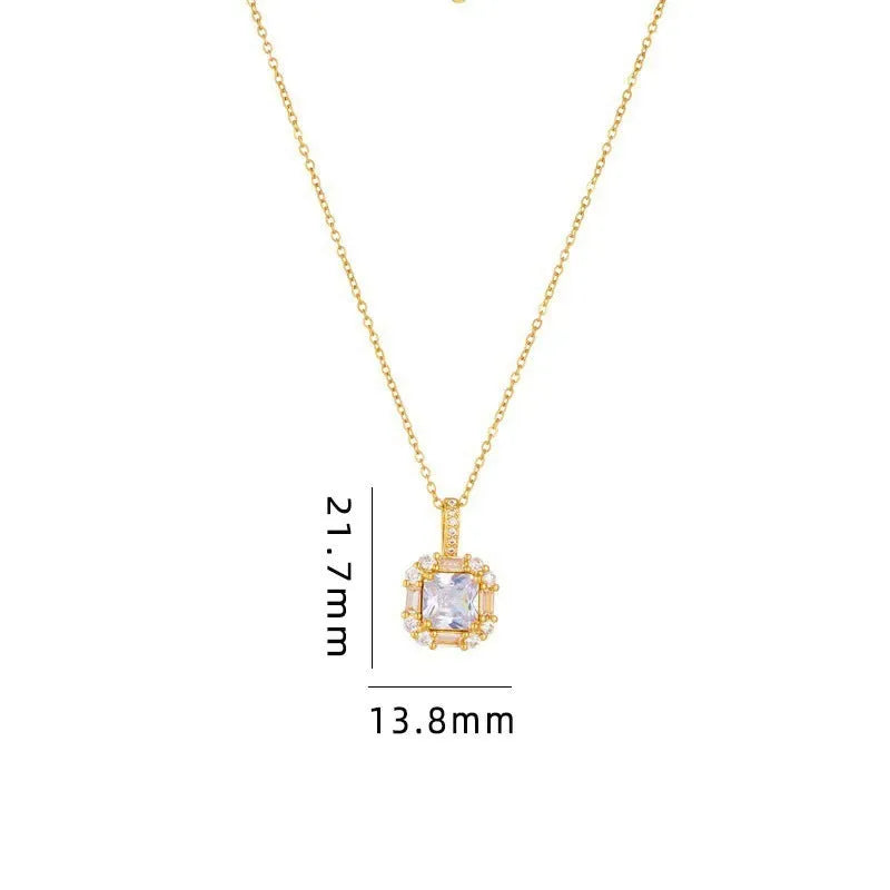 Women's geometric titanium steel clavicle necklace with gemstone-inlaid pendant on a water wave chain.